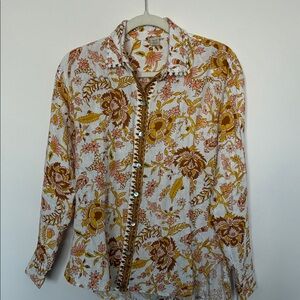 Magaschoni 100% Linen Floral Button-Front Blouse in White, Mustard & Brown